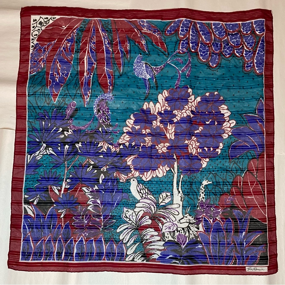 Vintage Gim Renoir Tropical Themed Large Square Scarf Burgundy & Blue